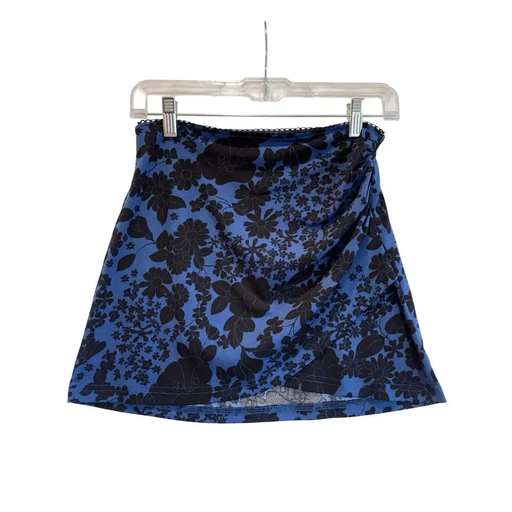Urban Outfitters Jamie surplice knit mini skirt  Blue Floral Stretch Bodycon S